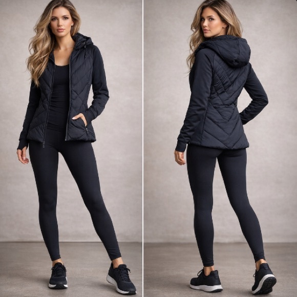Athleta Inlet Hybrid Quilted Jacket Black Hooded Running Training NWOT Sz L/G - Picture 2 of 13